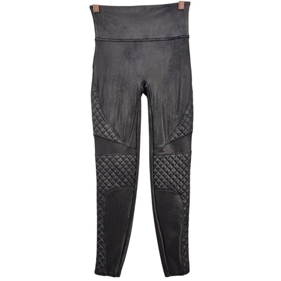 Spanx Womens S Quilted Faux Leather Leggings in Very Black - Picture 2 of 16